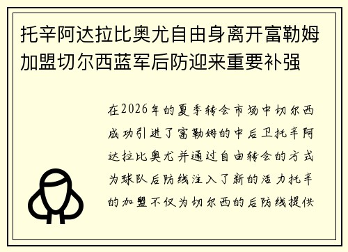 托辛阿达拉比奥尤自由身离开富勒姆加盟切尔西蓝军后防迎来重要补强